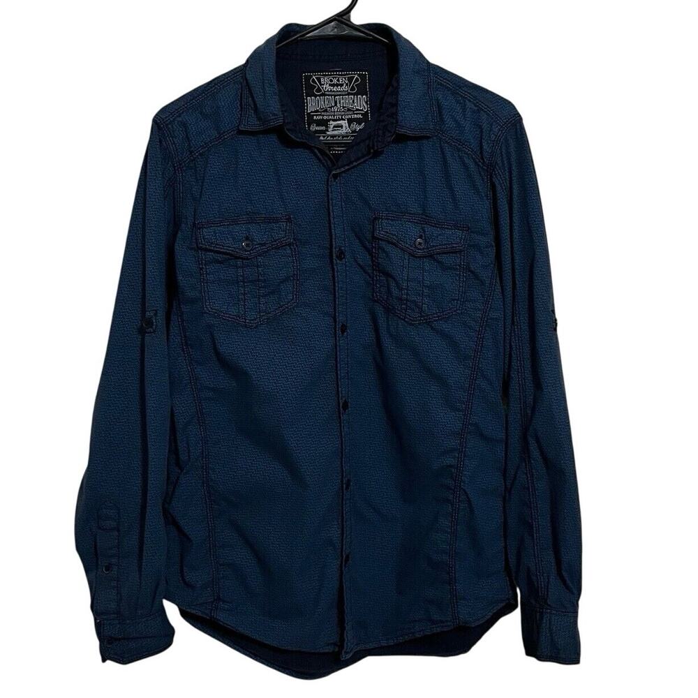 Broken Threads | Blue Long Sleeve Button Up Shirt Men Medium Pockets Roll Tab Sl